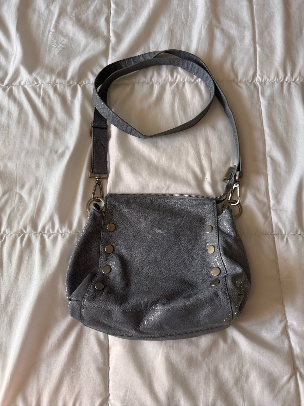 Hammitt Bryant Medium Surge Grey Leather Gunmetal Hardware Crossbody Purse